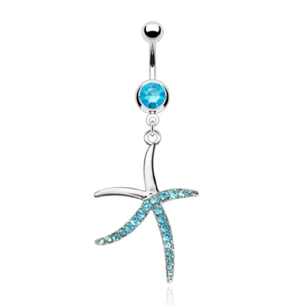 Aqua gem starfish dangle belly button ring navel ring 14 gauge NEW